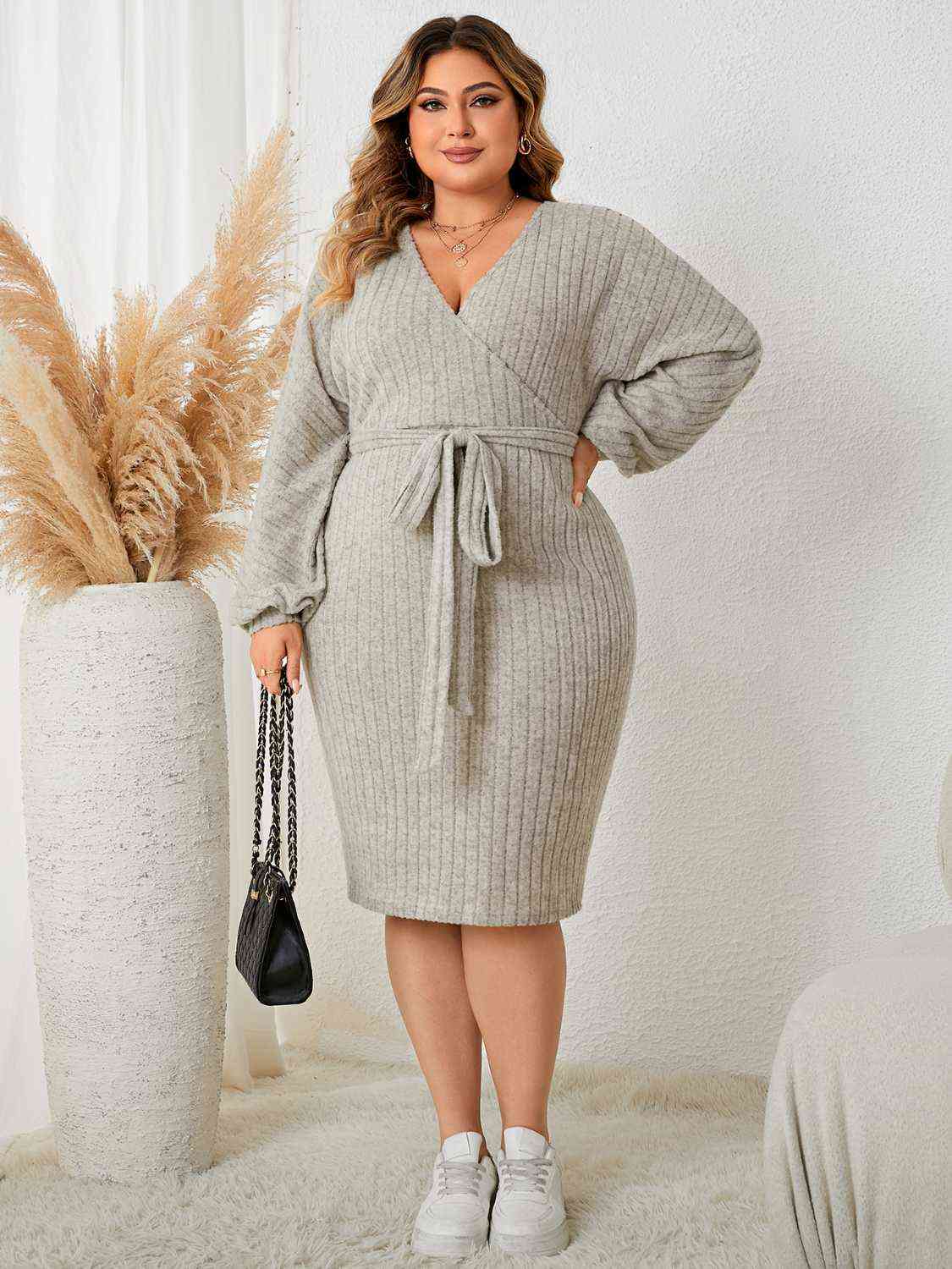 swvws Plus Size Tie Waist Wrap Dress