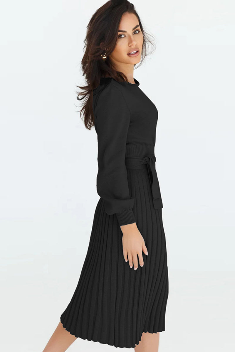 swvws Round Neck Long Sleeve Pleated Sweater Dress