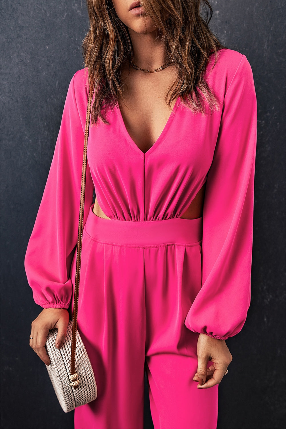 swvws Balloon Sleeve Cutout Plunge Jumpsuit