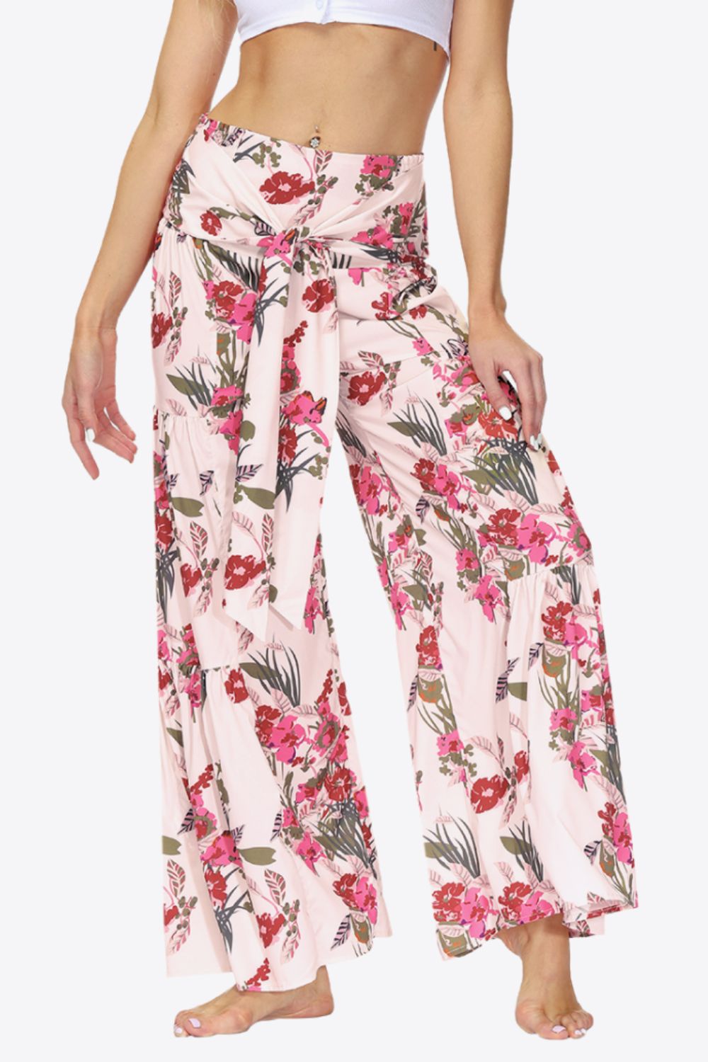 swvws Floral Tie-Waist Tiered Culottes