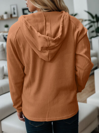 swvws Waffle-Knit Drawstring Quarter Button Hoodie