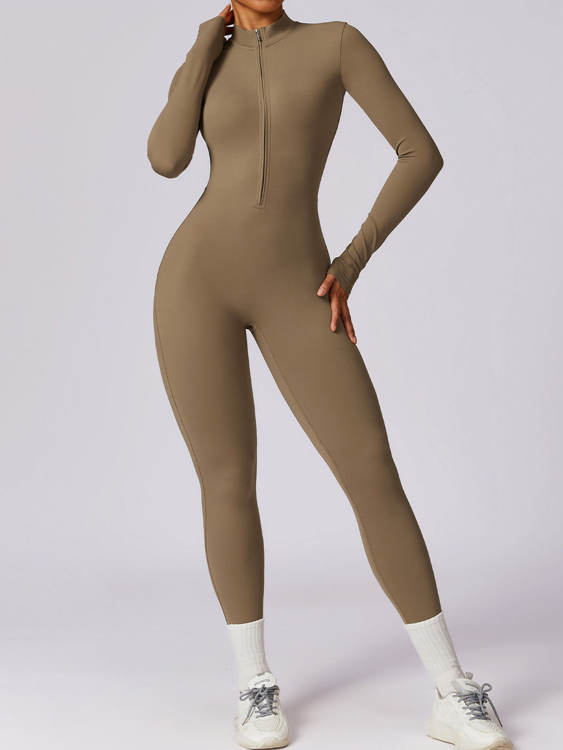 swvws Zip Up Mock Neck Long Sleeve Jumpsuit