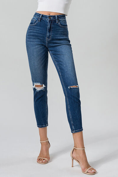 swvws BAYEAS Full Size High Waist Distressed Washed Cropped Mom Jeans