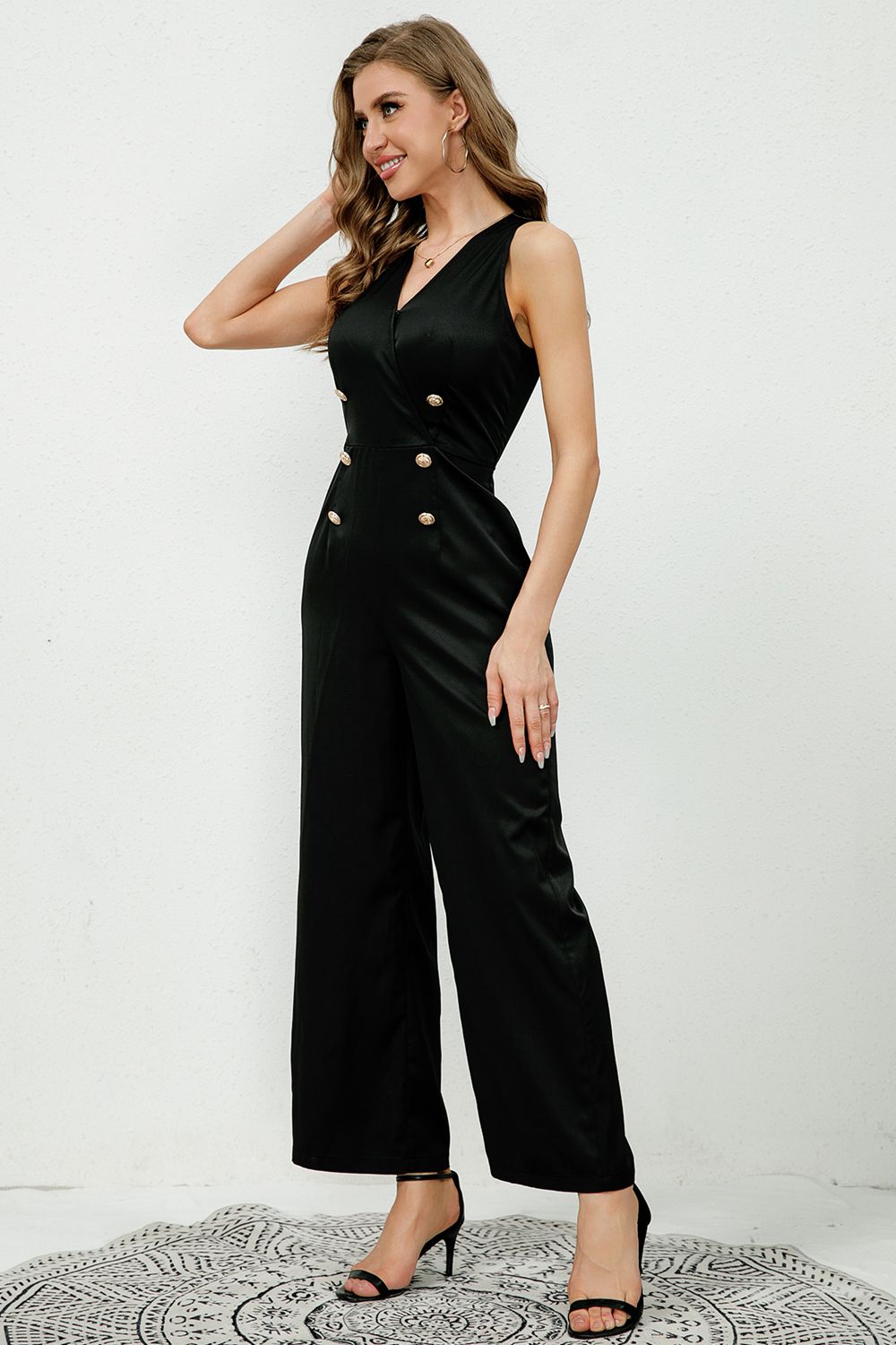 swvws V-Neck Sleeveless Decorative Buttons Jumpsuit