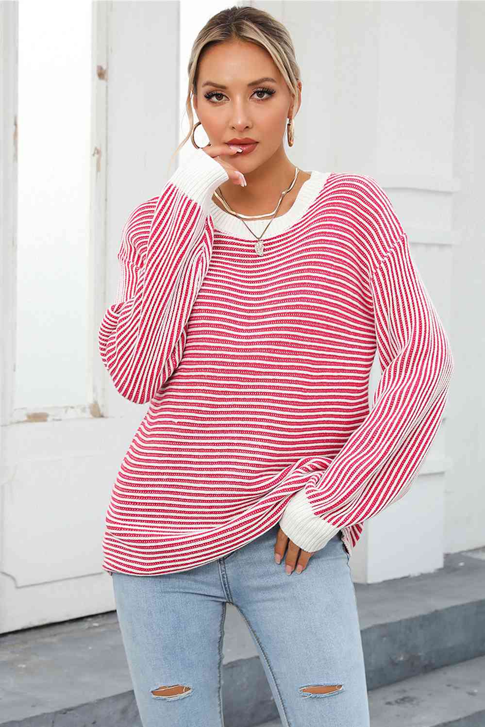 swvws Striped Round Neck Long Sleeve Knit Top