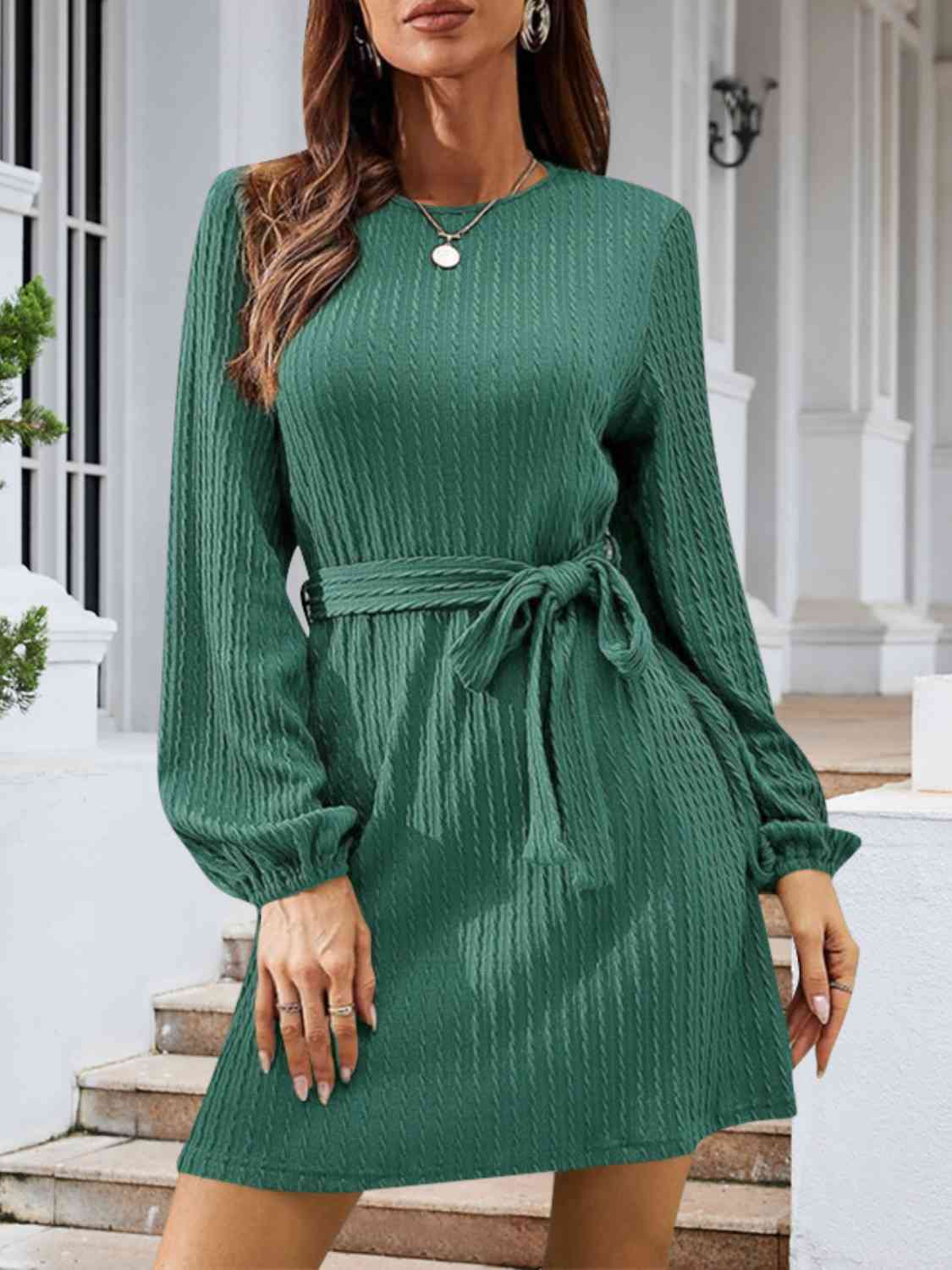 swvws Round Neck Tie Front Long Sleeve Dress