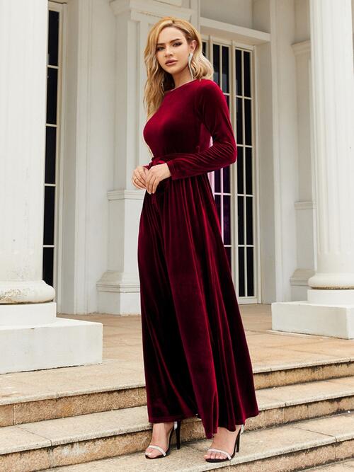 swvws Tie Front Round Neck Long Sleeve Maxi Dress