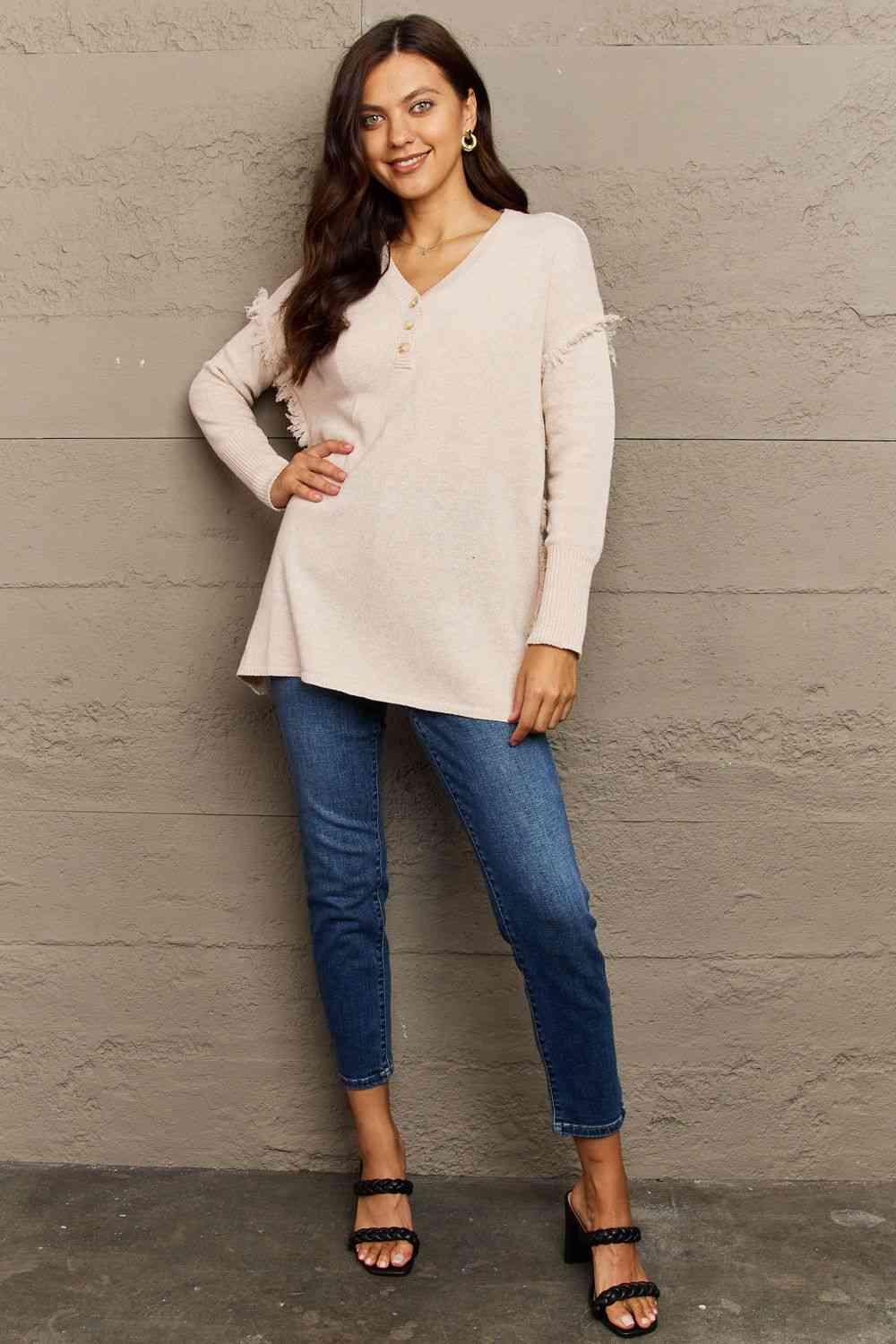 swvws Ninexis Full Size Buttoned Dropped Shoulder Raw Hem Pullover Sweater