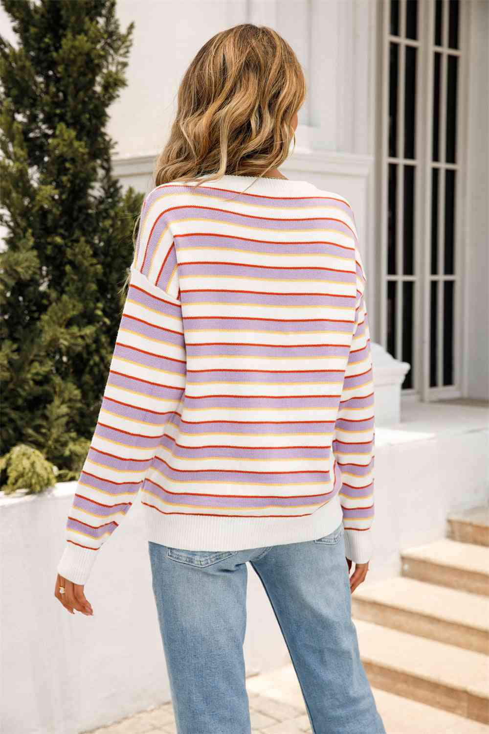 swvws Striped Round Neck Dropped Shoulder Knit Top