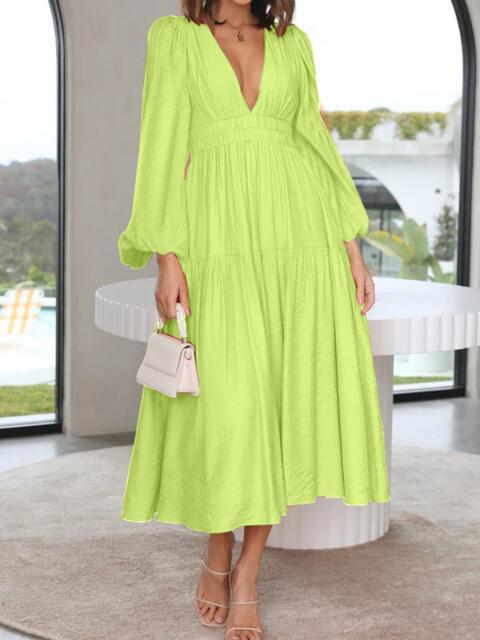 swvws Deep V-Neck Balloon Sleeve Plain Maxi Dress