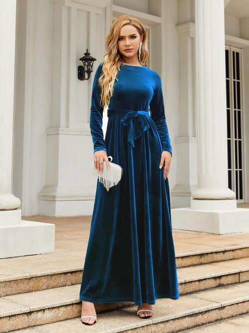 swvws Tie Front Round Neck Long Sleeve Maxi Dress