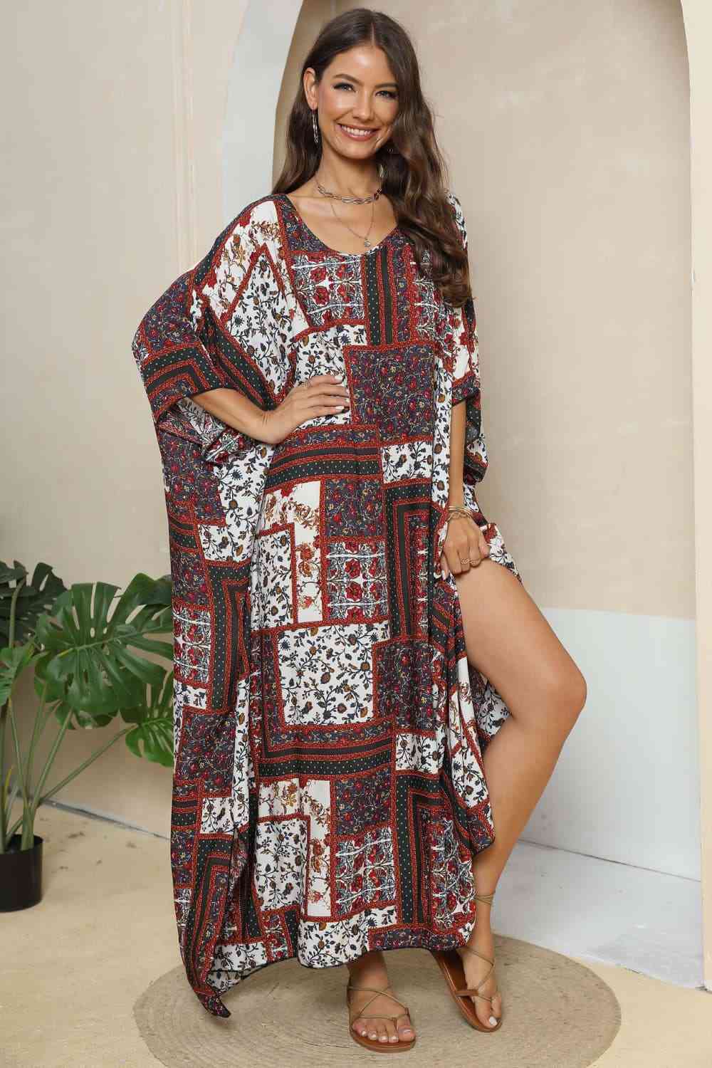 swvws Printed V-Neck Split Maxi Dress