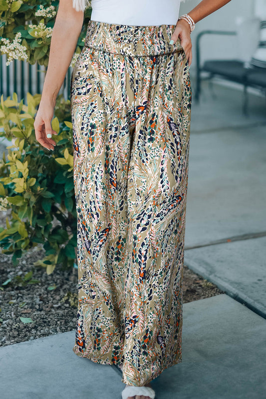 swvws Printed Smocked Waist Wide Leg Pants