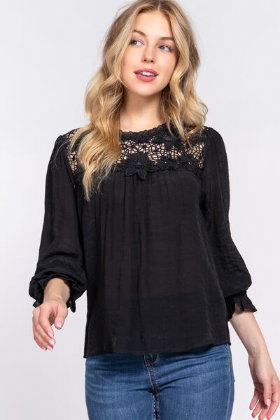 swvws ACTIVE BASIC Crochet Lace Panel Flounce Sleeve Blouse