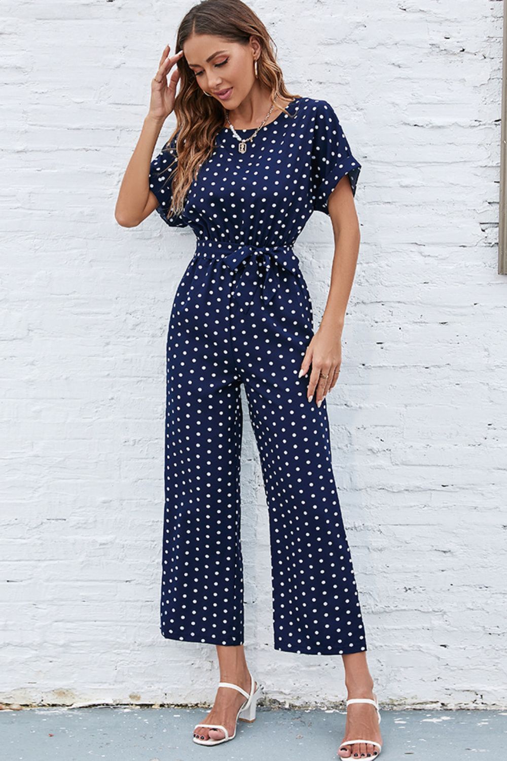 swvws Polka Dot Round Neck Cutout Jumpsuit