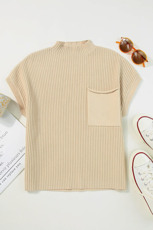 swvws Ribbed Mock Neck Short Sleeve Knit Top