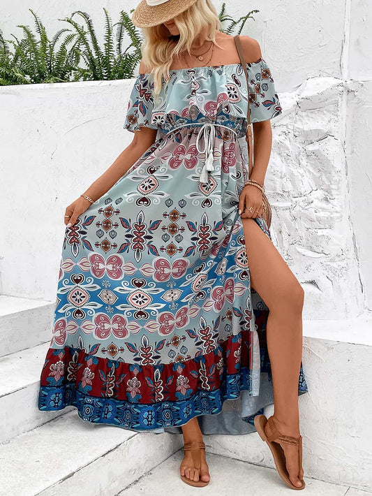 swvws Printed Off-Shoulder Slit Maxi Dress