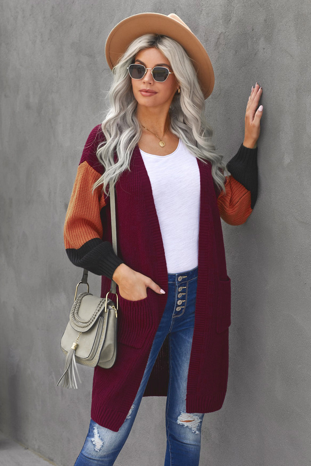 swvws Color Block Rib-Knit Longline Cardigan with Front Pockets