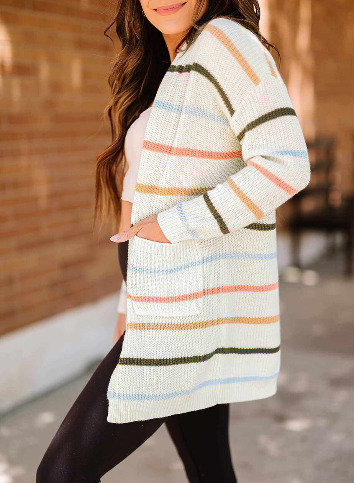 swvws Striped Rib-Knit Open Front Pocketed Cardigan