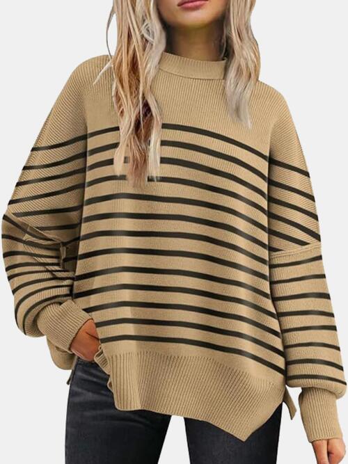 swvws Round Neck Drop Shoulder Slit Sweater