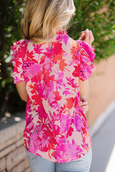 swvws Frill Floral Mock Neck Cap Sleeve Blouse