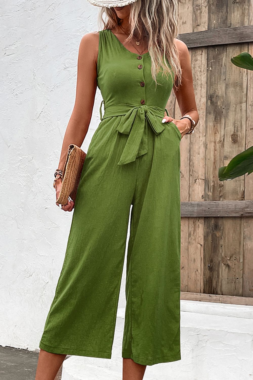 swvws Tie Belt Sleeveless Jumpsuit with Pockets