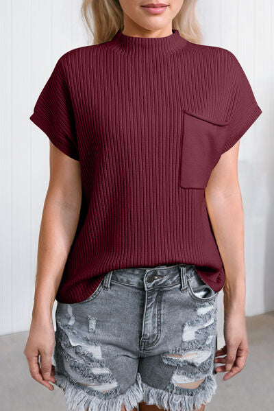 swvws Ribbed Mock Neck Short Sleeve Knit Top