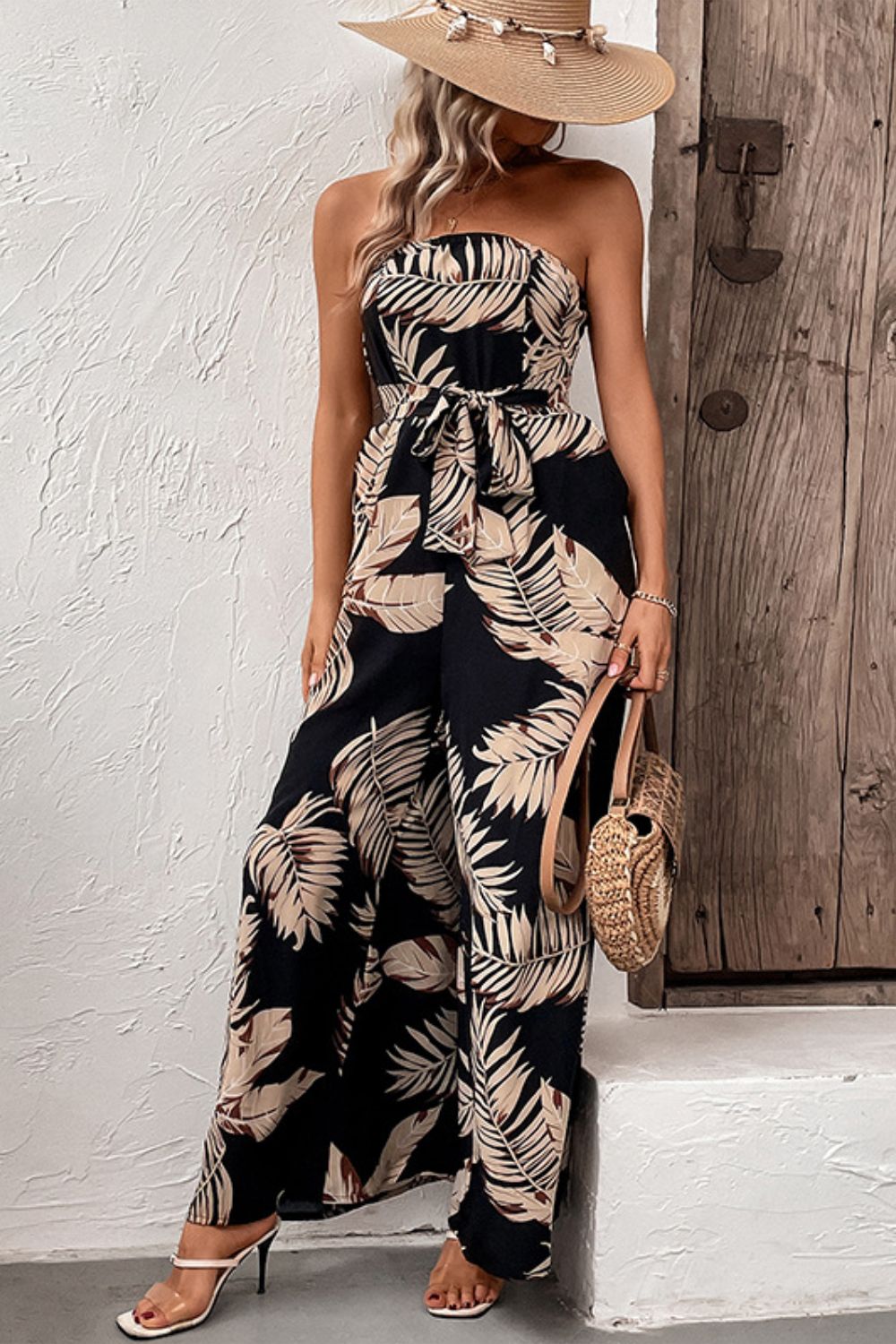 swvws Printed Strapless Wide Leg Jumpsuit with Pockets