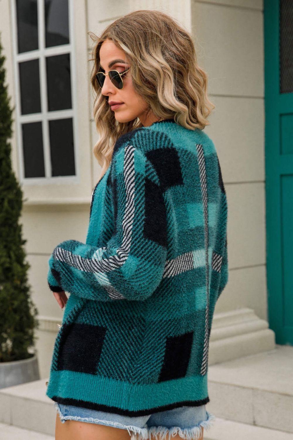 swvws Striped Button-Front Fuzzy Cardigan