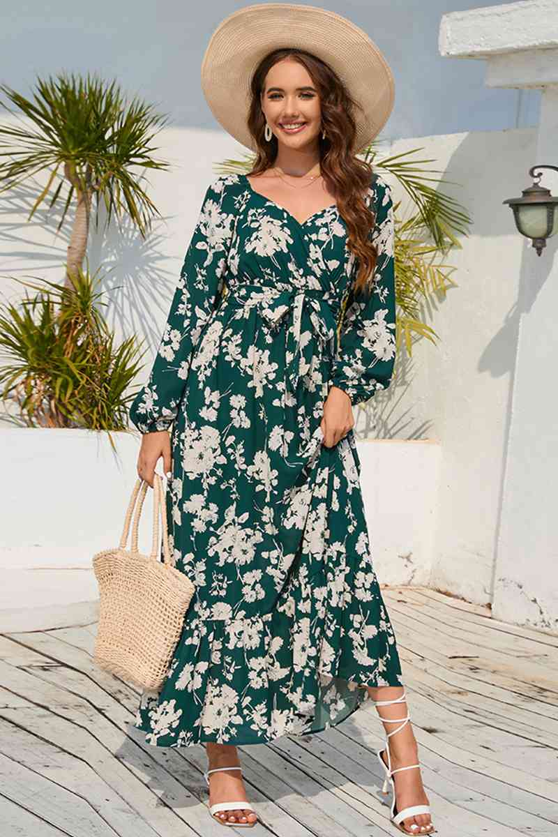 swvws Floral Print V-Neck Long Sleeve Maxi Dress