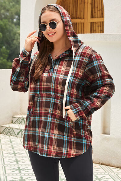 swvws Plus Size Drawstring Plaid Quarter Button Hoodie