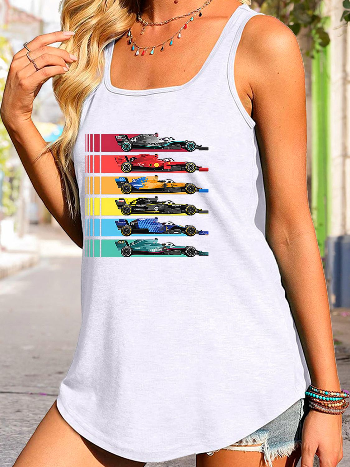 swvws Scoop Neck Race Car Graphic Tank Top