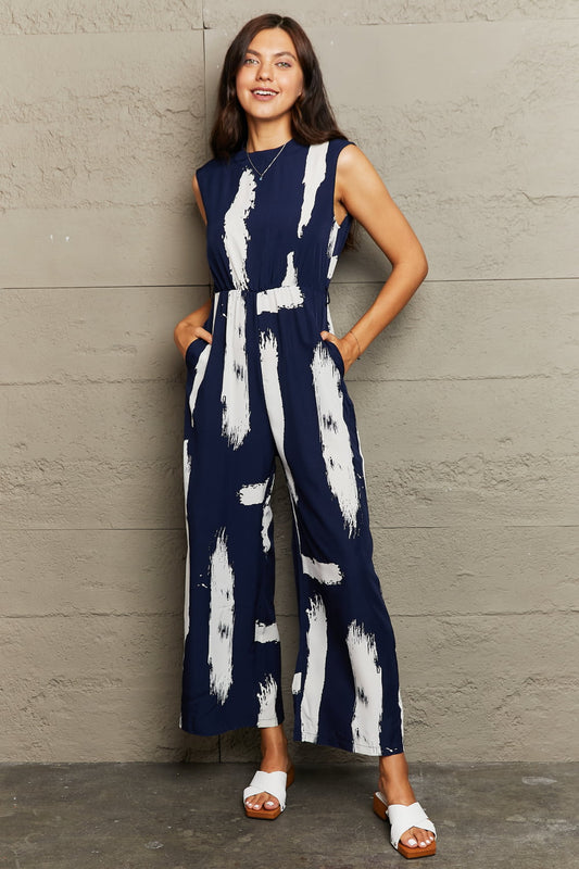 swvws Printed Round Neck Cutout Jumpsuit with Pockets