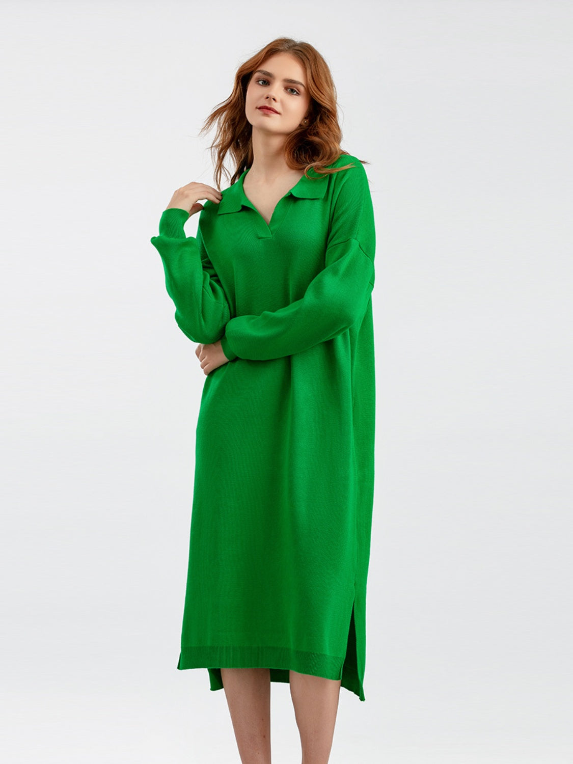 swvws Johnny Collar Long Sleeve Slit Sweater Dress