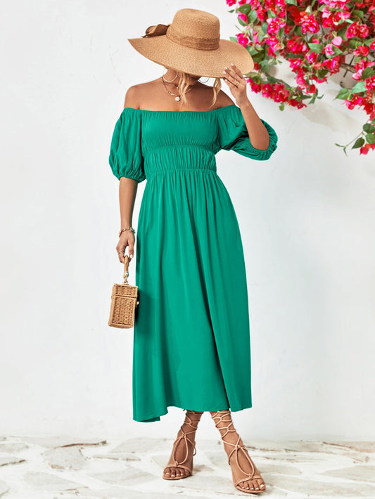 swvws Off-Shoulder Balloon Sleeve Midi Dress