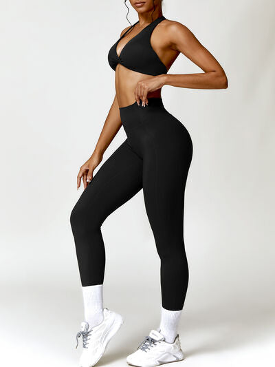 swvws Twisted Halter Neck Bra and High Waist Leggings Active Set