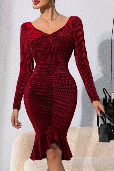 swvws Ruched Twisted Long Sleeve Peplum Dress