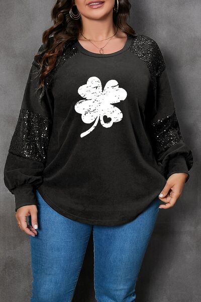 swvws Plus Size Lucky Clover Sequin Round Neck Blouse