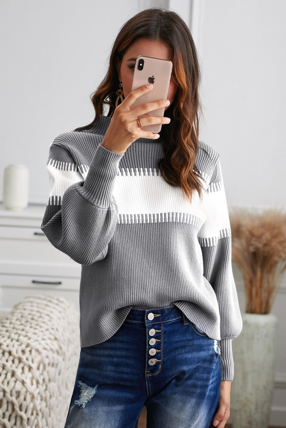 swvws Color Block High Neck Lantern Sleeve Pullover Sweater