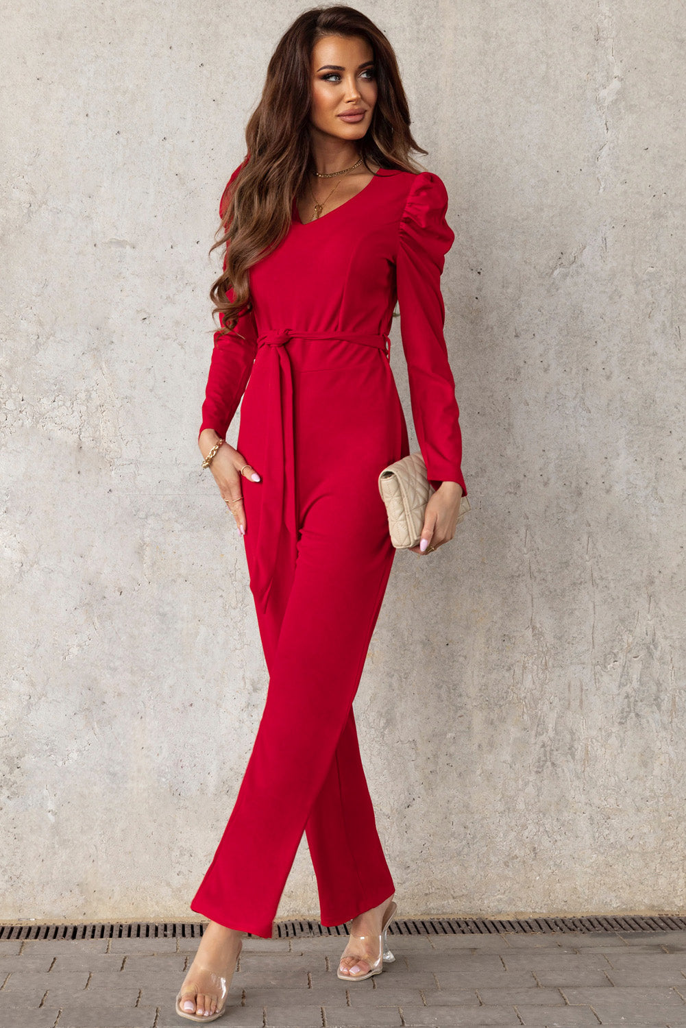 swvws Belted Long Puff Sleeve V-Neck Jumpsuit