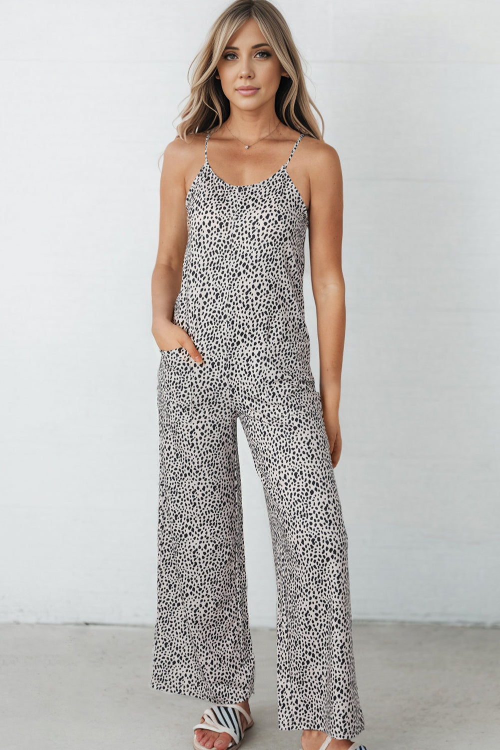 swvws Printed Spaghetti Strap Jumpsuit with Pockets