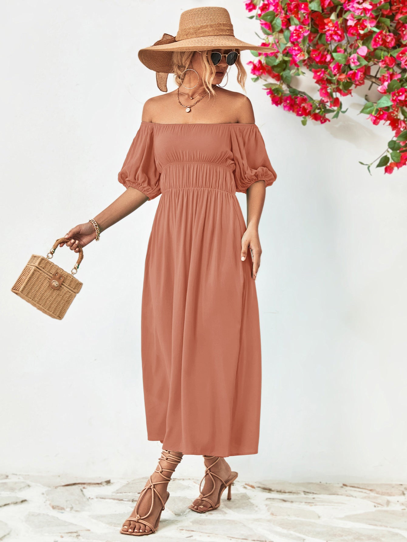 swvws Off-Shoulder Balloon Sleeve Midi Dress