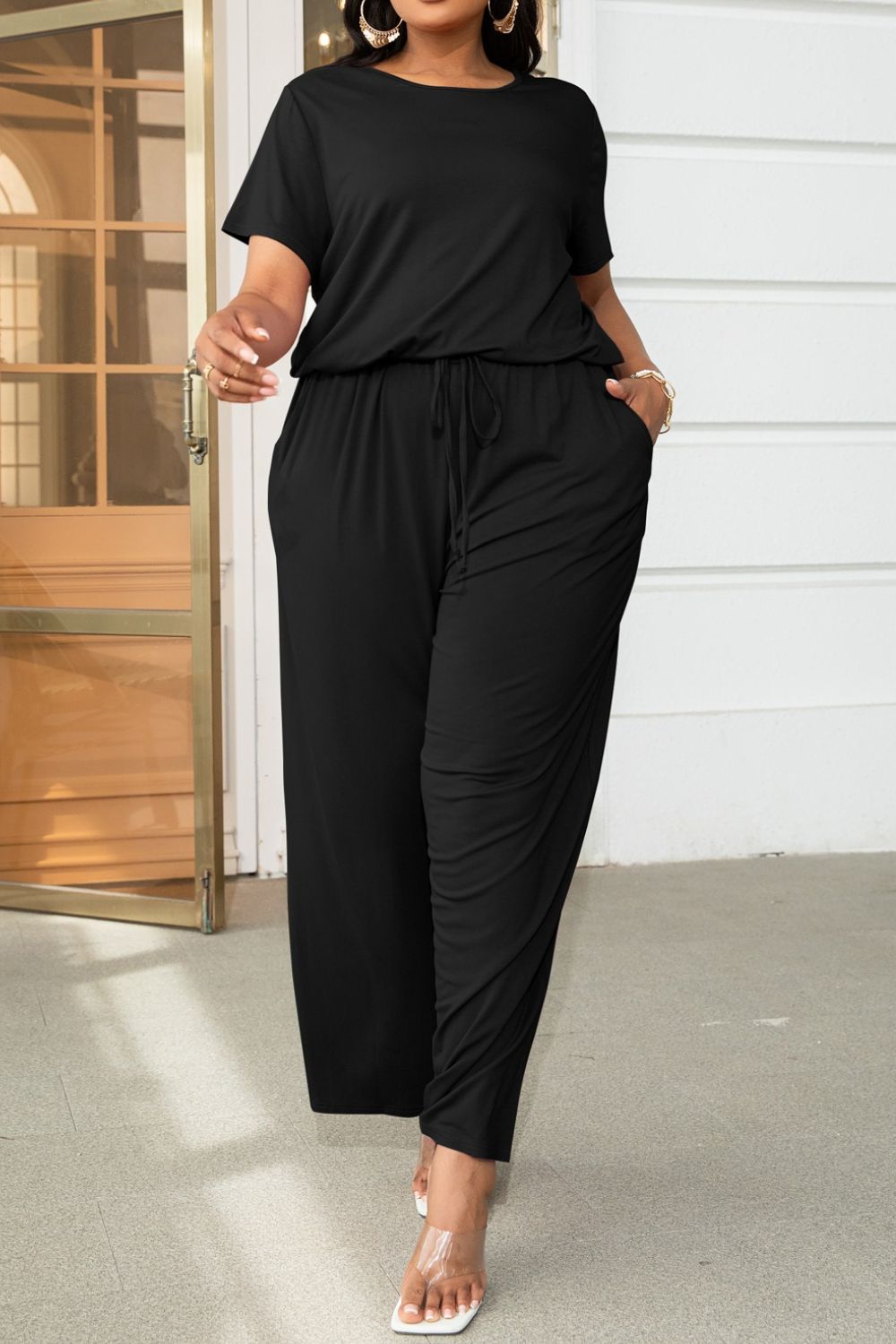 swvws Plus Size Drawstring Waist Short Sleeve Jumpsuit