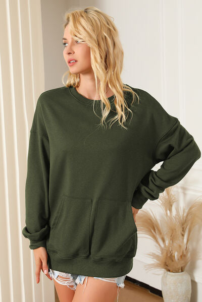 swvws Pocketed Round Neck Dropped Shoulder Sweatshirt