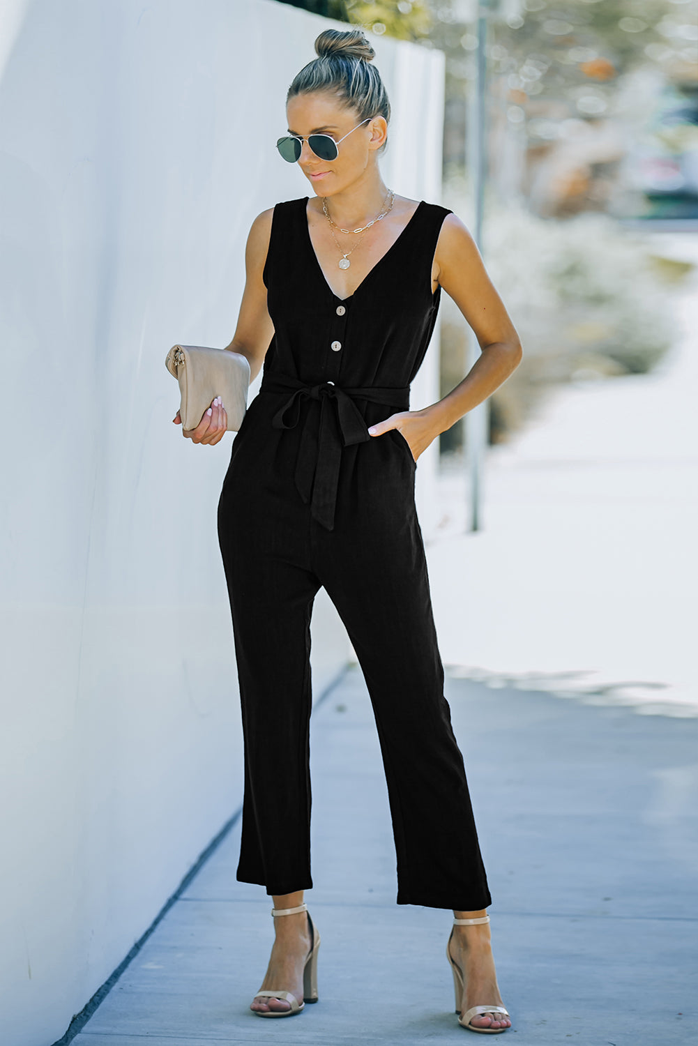 swvws V-Neck Tie Waist Sleeveless Jumpsuit