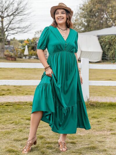 swvws Plus Size V-Neck Short Sleeve Ruffle Hem Dress