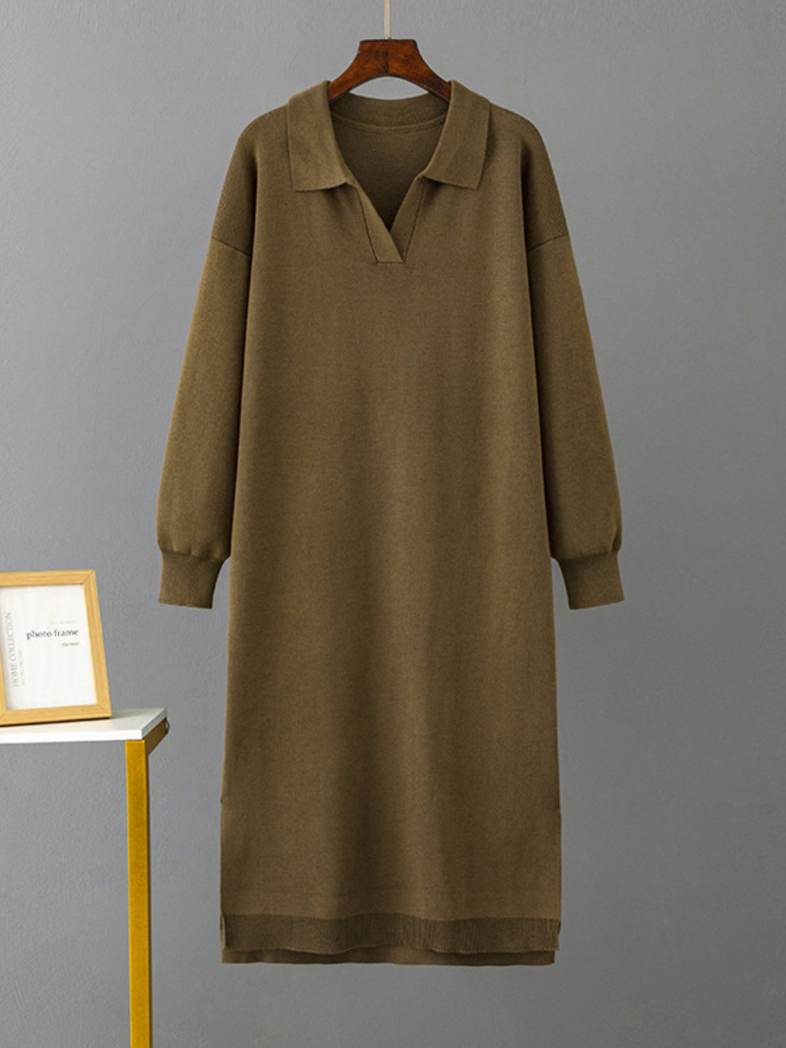 swvws Johnny Collar Long Sleeve Slit Sweater Dress