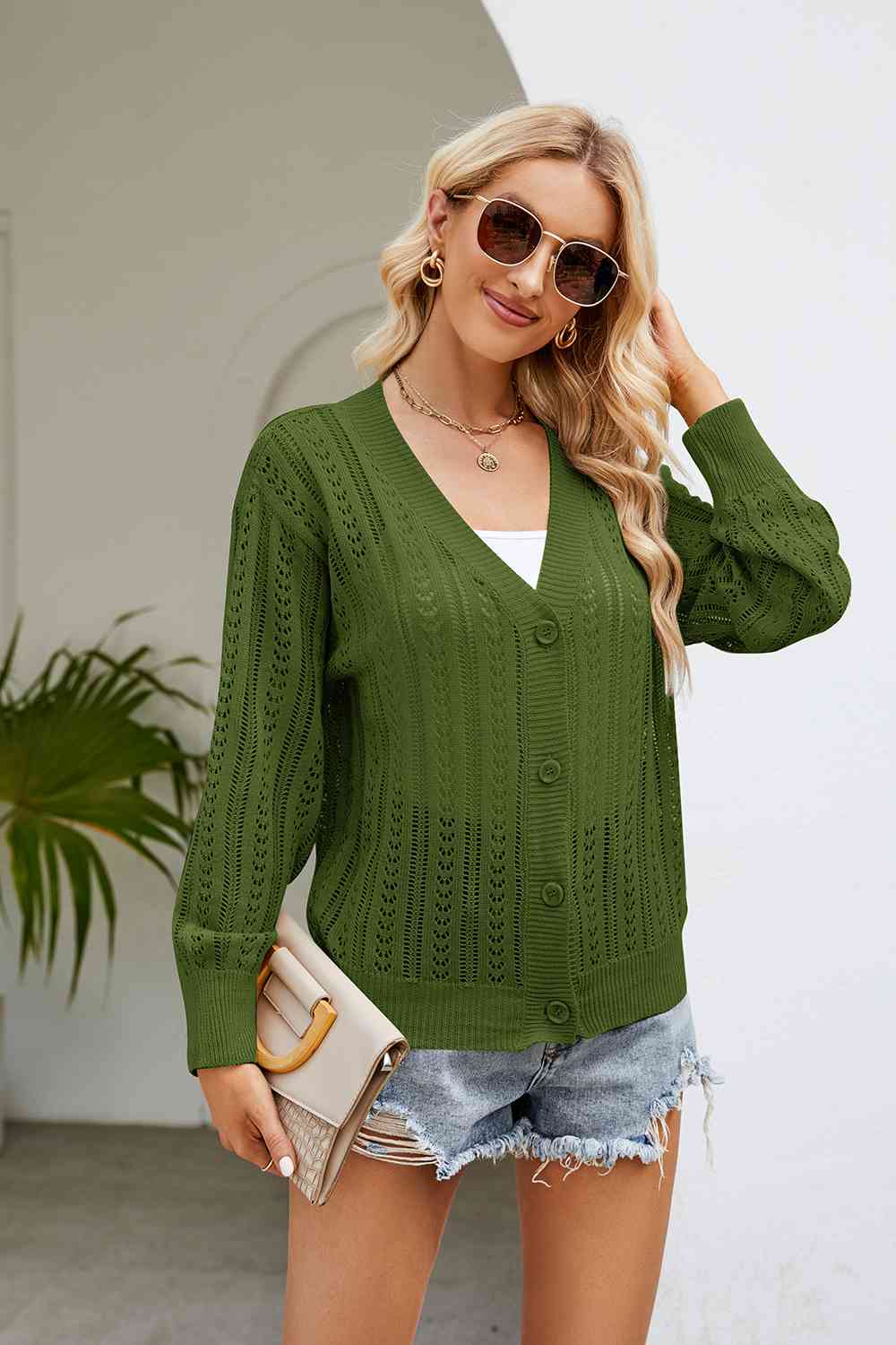 swvws Openwork Button Front V-Neck Cardigan