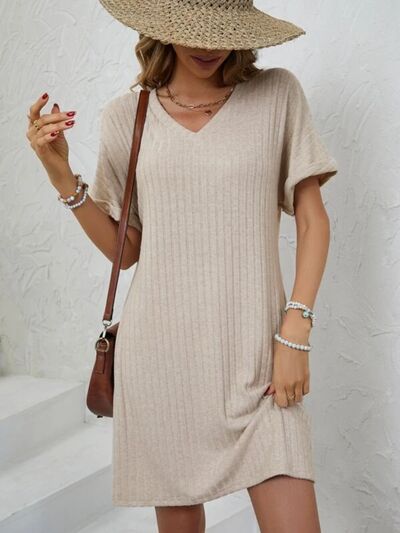 swvws Ribbed V-Neck Short Sleeve Dress