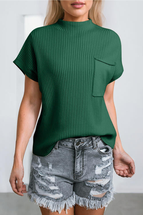 swvws Ribbed Mock Neck Short Sleeve Knit Top